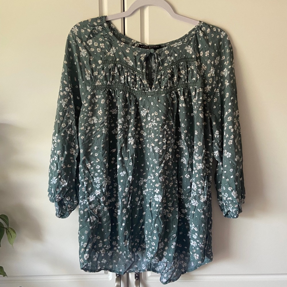 Lane Bryant Floral Peasant Blouse Green 3/4 Sleeve Lace Trim Top Size 14
